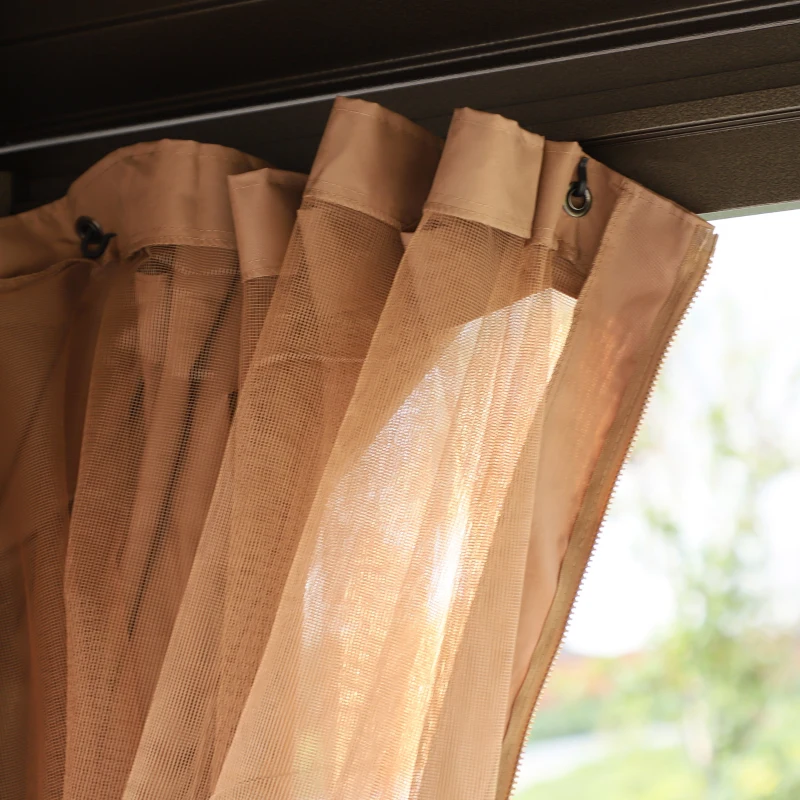 Outsunny 4 x 3(m) Patio Aluminium Gazebo Hardtop Metal Roof Canopy Party Tent Garden Outdoor Shelter with Mesh Curtains & Side Walls, Brown