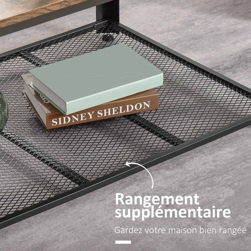 HOMCOM Table Basse Vintage rectangulaire Style Industriel avec étagère métal Noir Panneaux Particules Imitation Bois