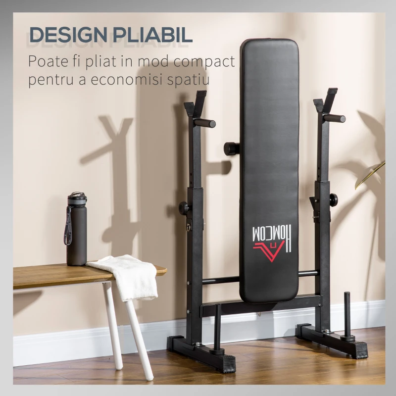 HOMCOM Bancă de Greutăți Pliabilă cu 8 Înălțimi Reglabile și Suport pentru Halteră, 140x73x98-122 cm, Negru