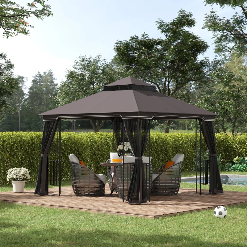 OUTSUNNY 3 x 3 Meter Metal Gazebo Garden Outdoor 2-tier Roof Marquee Party Tent Canopy Pavillion Patio Shelter with Netting and Shelf Coffee