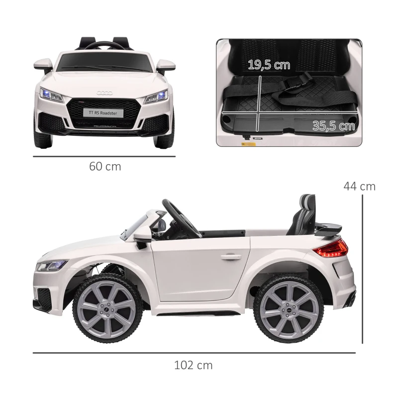 HOMCOM Carro Elétrico Audi TT para Crianças acima de 3 Anos com Controlo Remoto Música e Luzes Bateria 12V 102x60x44 cm Branco