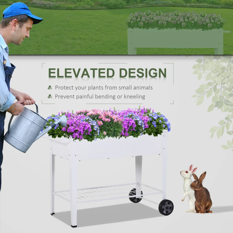 Outsunny Metal Raised Garden Bed with Wheels, Garden Planter Trolley Elevated Plant Box with Storage Shelf