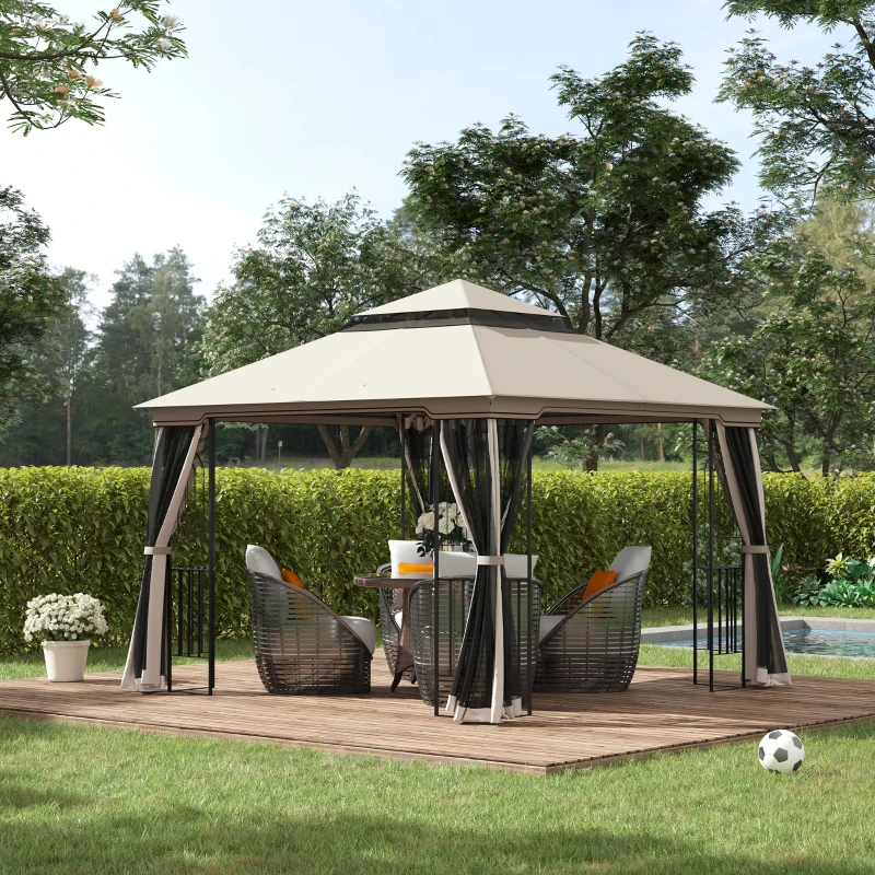Outsunny 3 x 3m Outdoor Patio Gazebo Canopy with Double Tier Roof, Removable Mesh Curtains, Display Shelves, Top Hooks, Beige