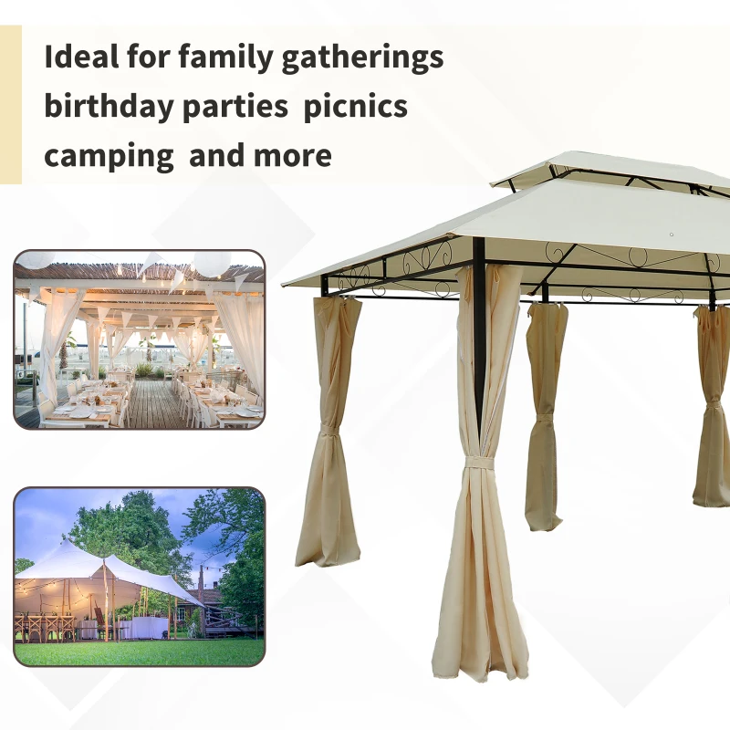 Outsunny 4m x 3(m) Metal Gazebo Canopy Party Tent Garden Pavillion Patio Shelter Pavilion with Curtains Sidewalls Beige