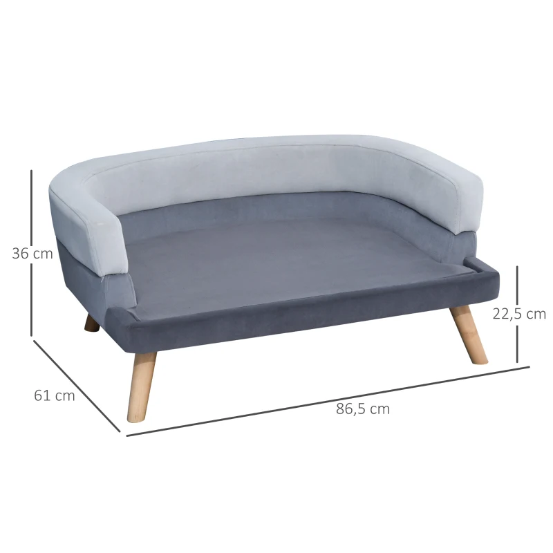 PawHut Hundesofa mit Rückenlehne, Haustiersofa mit Holzbeinen, Hundebett Weichem Bezug Katzensofa Grau 86,5x 61x36 cm