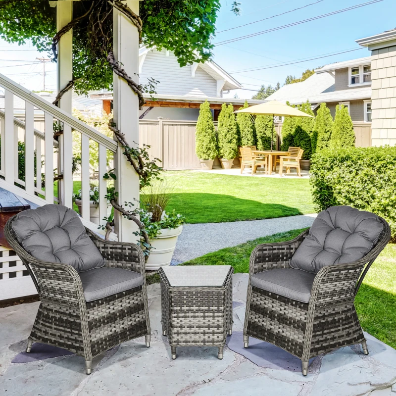 Outsunny 3 PCS Rattan Seating Set | 2 Armchairs & Table | Outdoor Patio Furniture, Bistro Set w/ Cushions Glass Tabletop