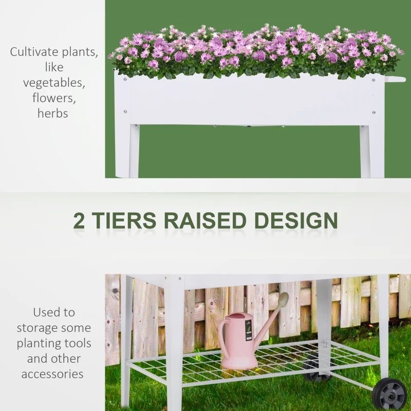 Outsunny Metal Raised Garden Bed with Wheels, Garden Planter Trolley Elevated Plant Box with Storage Shelf