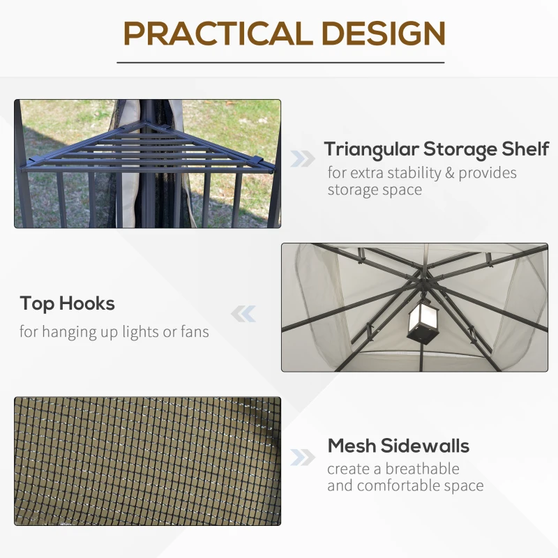 Outsunny 3 x 3m Outdoor Patio Gazebo Canopy with Double Tier Roof, Removable Mesh Curtains, Display Shelves, Top Hooks, Beige