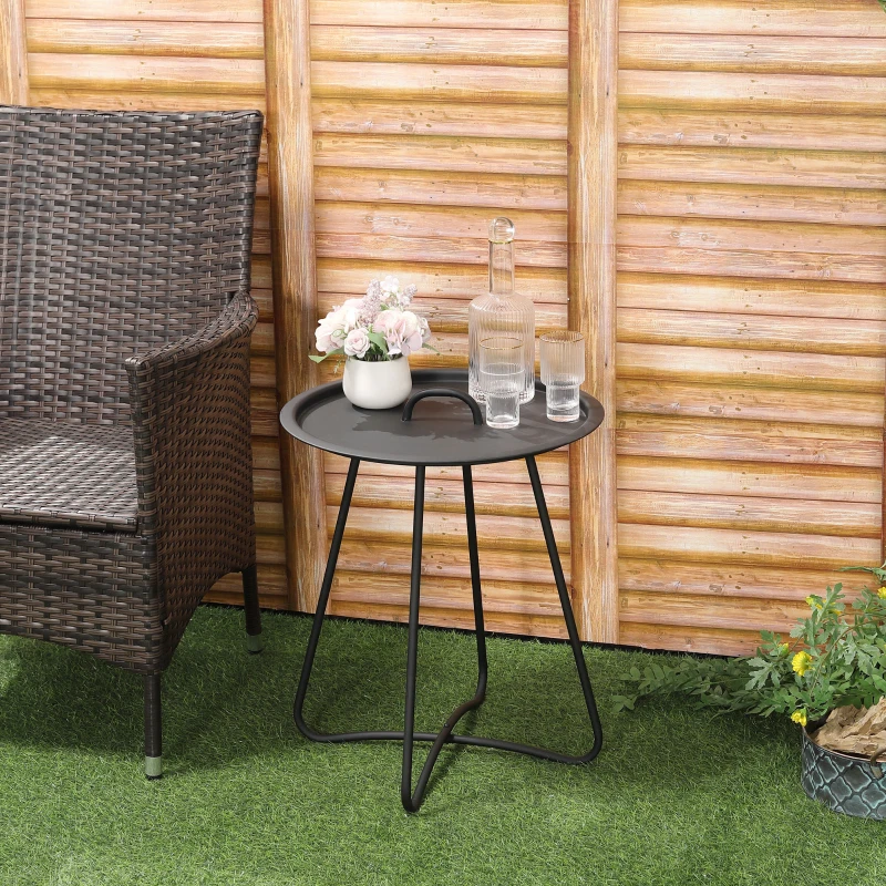 Outsunny Outdoor Garden Coffee Table, Sofa Side Round Table with Elegant Design, Move Easily with Handle and Metal Legs, Black