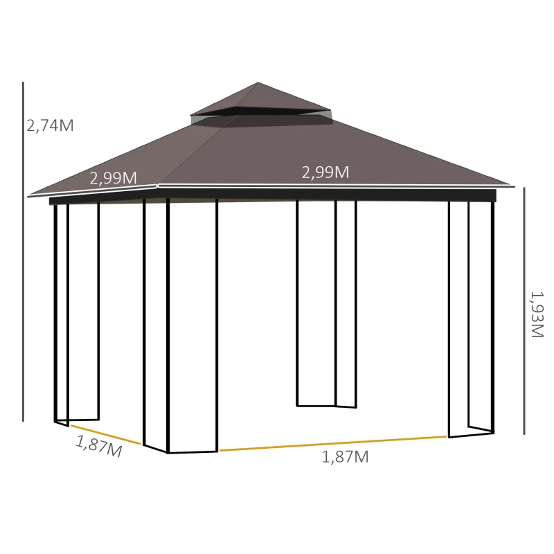 OUTSUNNY 3 x 3 Meter Metal Gazebo Garden Outdoor 2-tier Roof Marquee Party Tent Canopy Pavillion Patio Shelter with Netting and Shelf Coffee