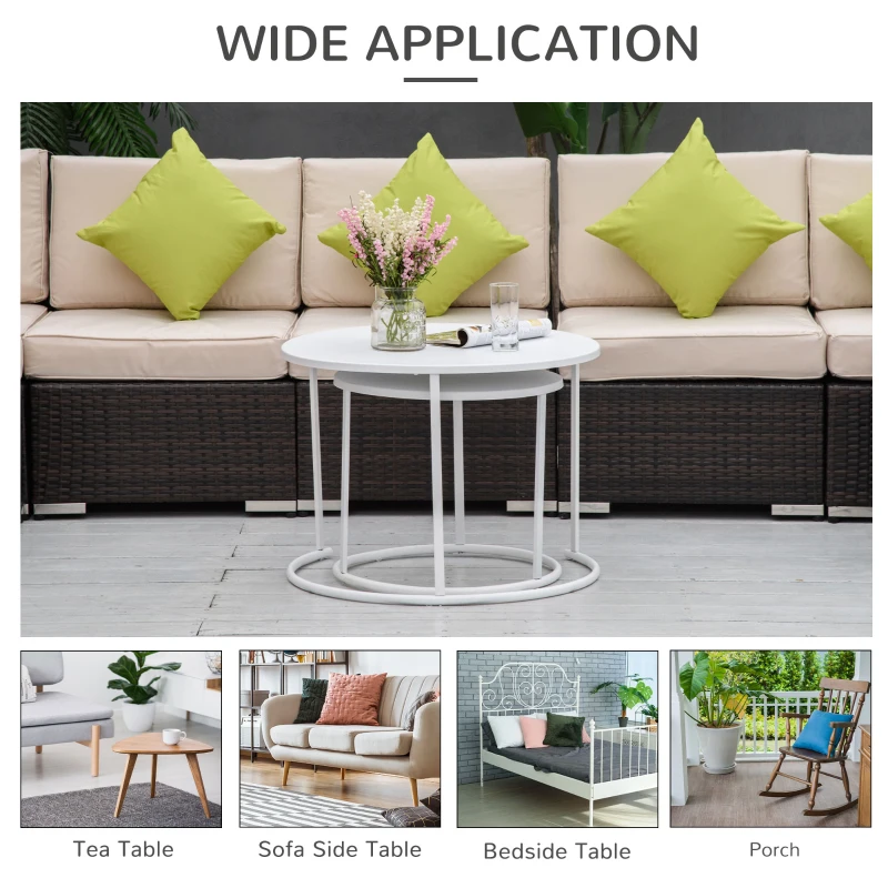 Outsunny 2 Pieces Outdoor Coffee Table Set, 2 Pack Metal Garden Nesting Coffee Table for Bedside, End Table, Stackable Sofa Night Stand, White