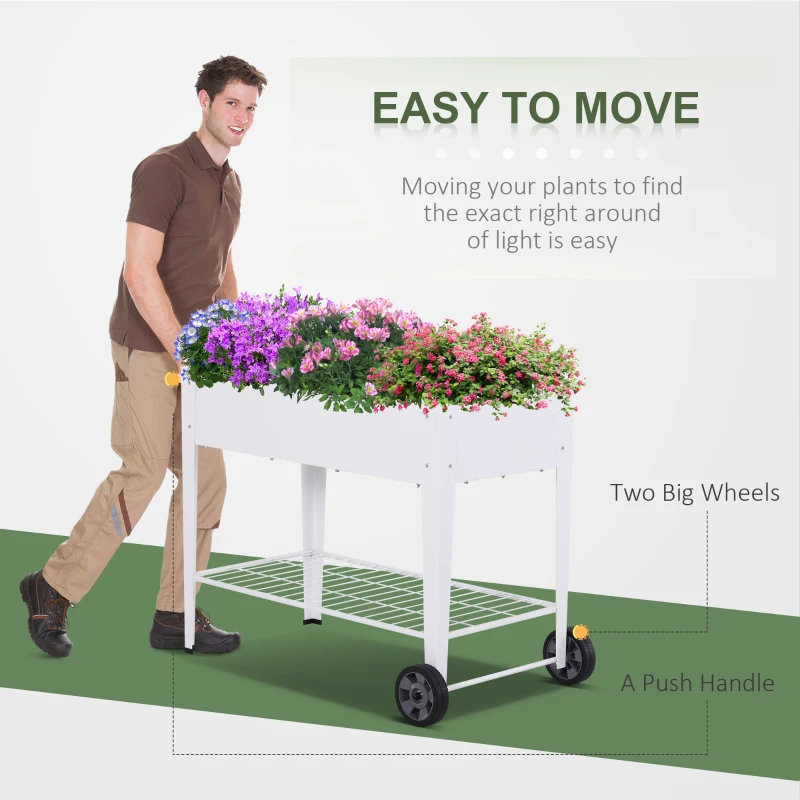Outsunny Metal Raised Garden Bed with Wheels, Garden Planter Trolley Elevated Plant Box with Storage Shelf