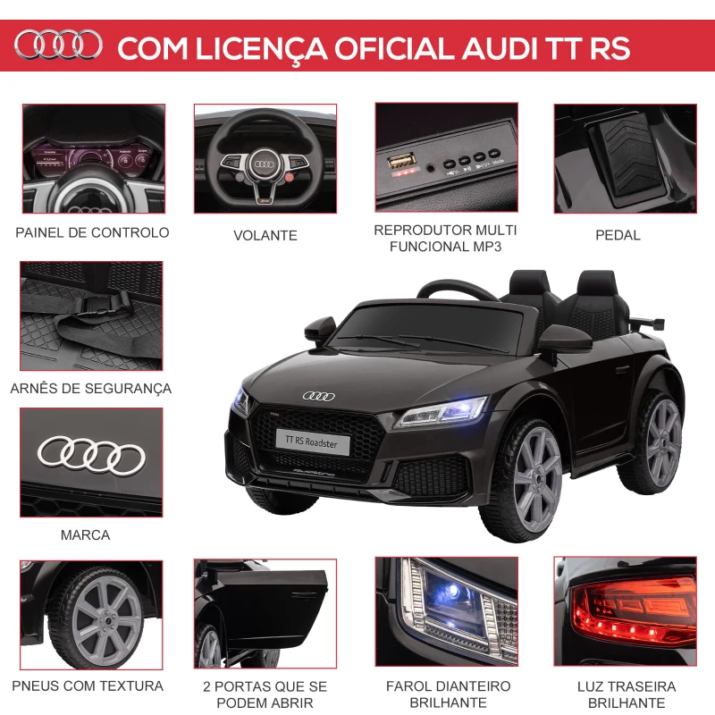 HOMCOM Carro Elétrico Audi TT para Crianças acima de 3 Anos com Controlo Remoto Música e Luzes Bateria 12V 102x60x44 cm Preto