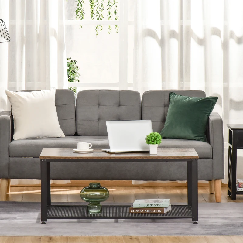 HOMCOM Table Basse Vintage rectangulaire Style Industriel avec étagère métal Noir Panneaux Particules Imitation Bois