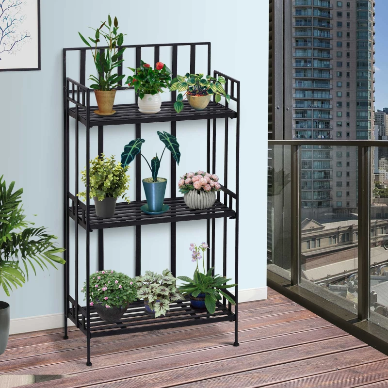 Outsunny Portable Retro 3-Tier Garden Plant Stand Metal Flower Display Rack Bookshelf