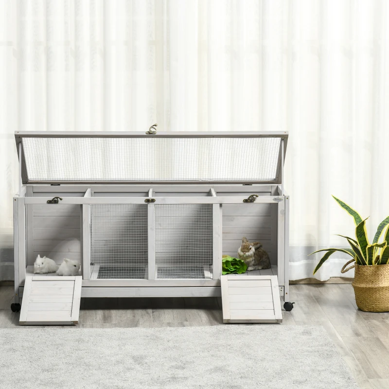 PawHut Wooden Rabbit Hutch, Mobile Guinea Pig Cage, Separable Bunny Run, Small Animal House for Indoor Outdoor with Wheels, Slide-out Tray, 138 x 53 x 61cm, Light Grey