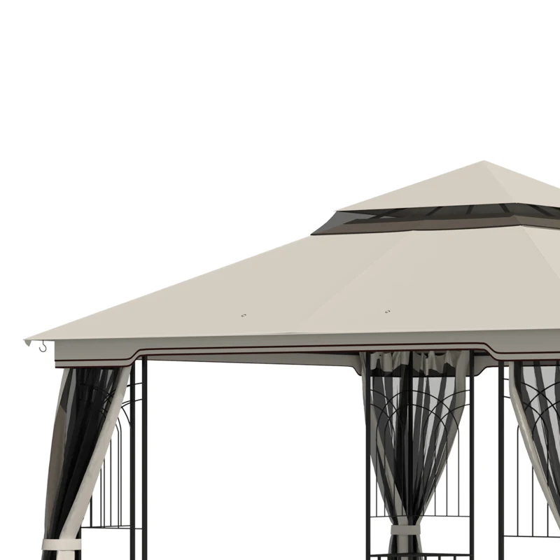 Outsunny 3 x 3m Outdoor Patio Gazebo Canopy with Double Tier Roof, Removable Mesh Curtains, Display Shelves, Top Hooks, Beige