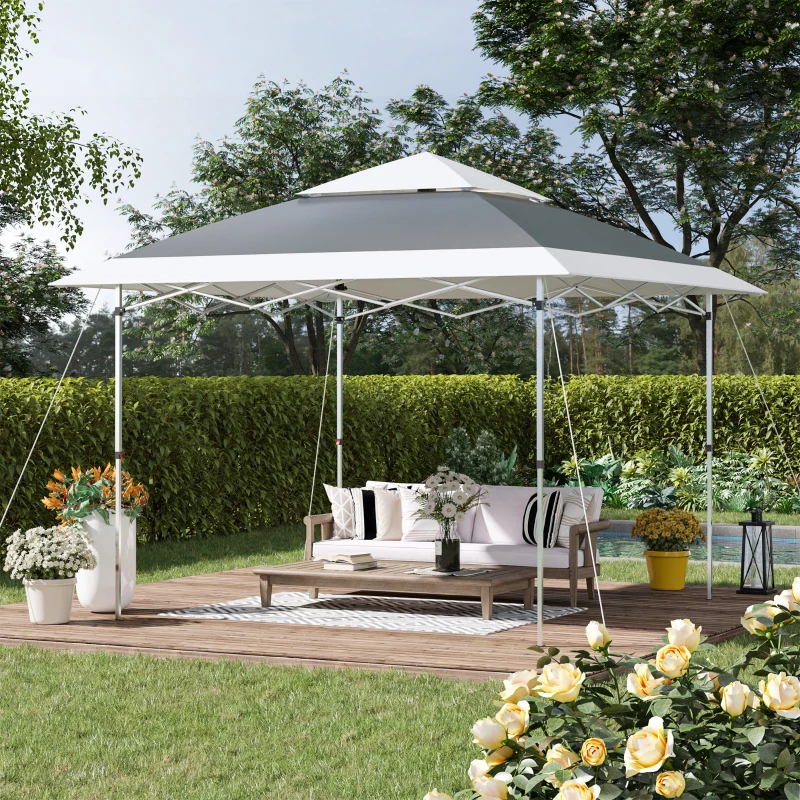 Outsunny 3.5 x 3.5m Pop Up Gazebo Outdoor Garden Party Tent Canopy with Double Roof, 3-Level Adjustable Height and Roller Bag, Steel, Dark Grey & White
