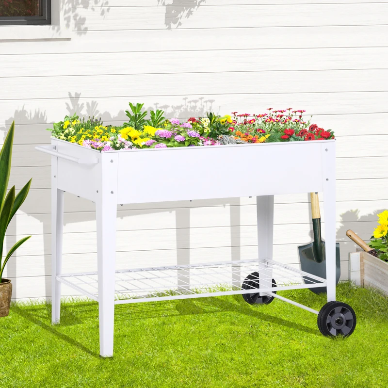 Outsunny Metal Raised Garden Bed with Wheels, Garden Planter Trolley Elevated Plant Box with Storage Shelf
