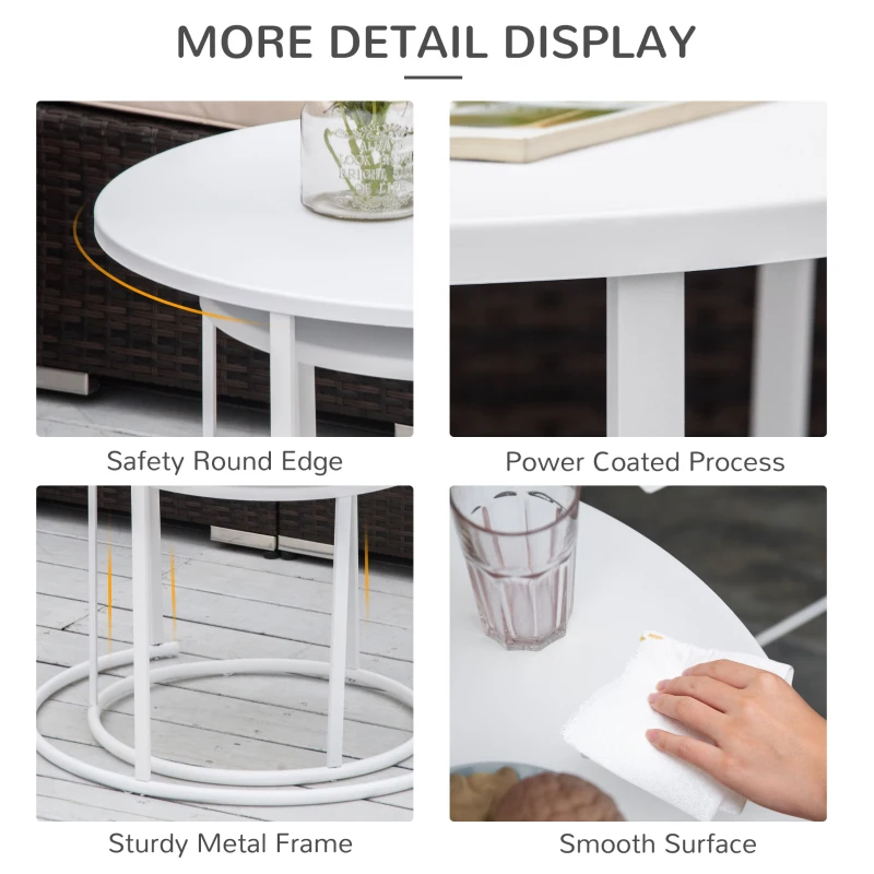 Outsunny 2 Pieces Outdoor Coffee Table Set, 2 Pack Metal Garden Nesting Coffee Table for Bedside, End Table, Stackable Sofa Night Stand, White
