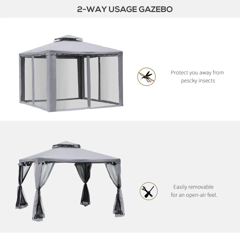 Outsunny 3 x 3 Meter Metal Gazebo Garden Outdoor 2-tier Roof Marquee Party Tent Canopy Pavillion Patio Shelter with Netting - Grey(m-4)