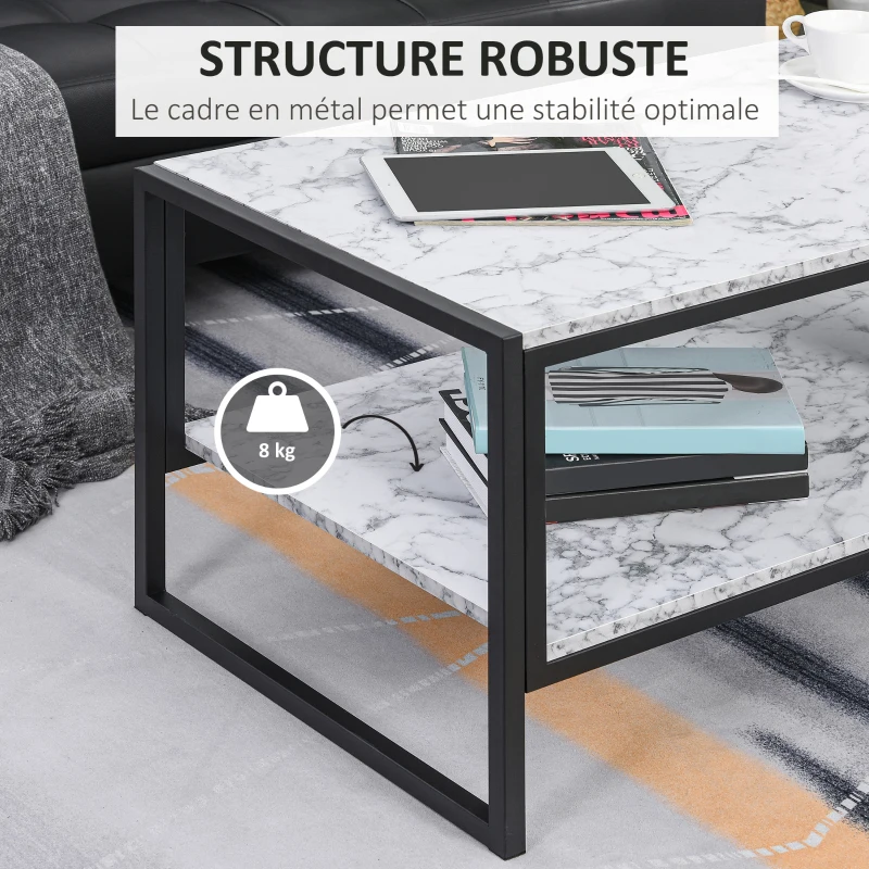 HOMCOM Table Basse Style Moderne avec 2 Étagères 106 x 50 x 47 cm Blanc