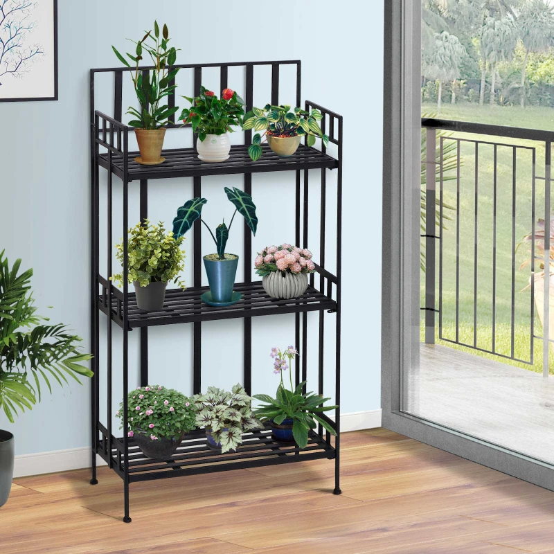 Outsunny Portable Retro 3-Tier Garden Plant Stand Metal Flower Display Rack Bookshelf