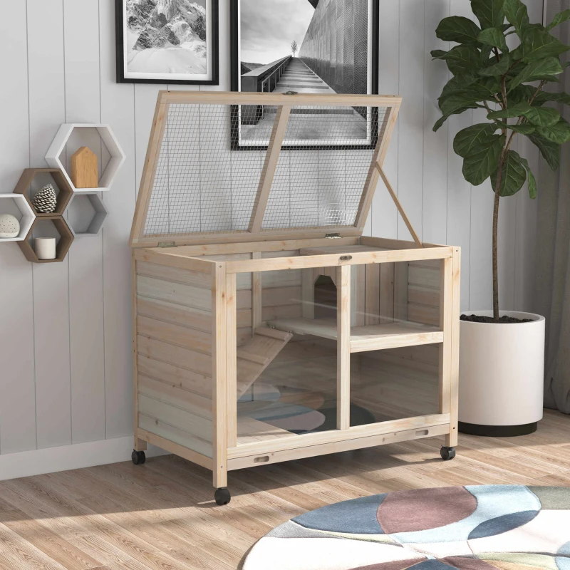 PawHut Rabbit Hutch Indoor Wooden Guinea Pig House Hamster Cage with Wheels, 2 Layers Bunny Cage with Openable Roof, 91.5 x 53.3 x 73 cm, Natural