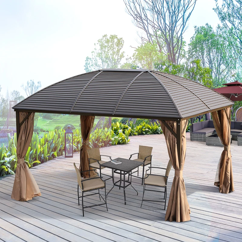 Outsunny 4 x 3(m) Patio Aluminium Gazebo Hardtop Metal Roof Canopy Party Tent Garden Outdoor Shelter with Mesh Curtains & Side Walls, Brown