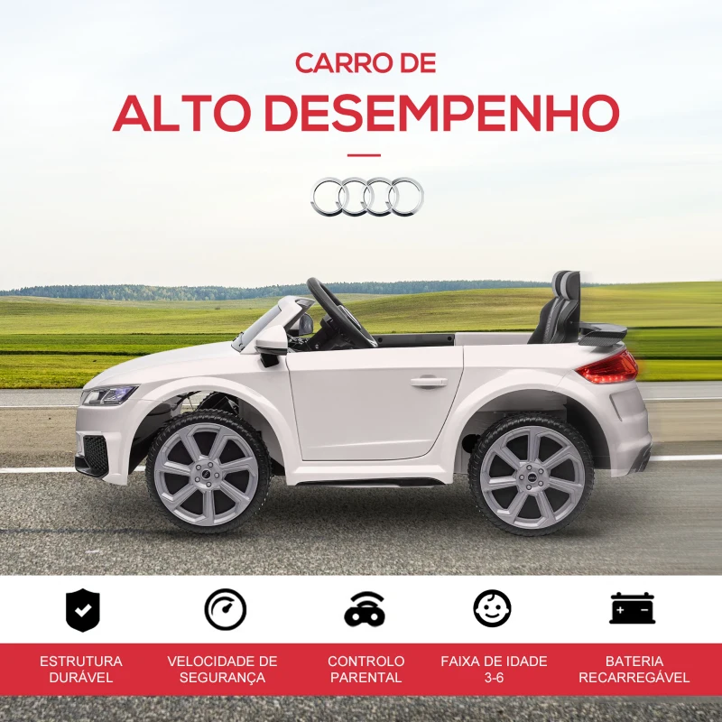 HOMCOM Carro Elétrico Audi TT para Crianças acima de 3 Anos com Controlo Remoto Música e Luzes Bateria 12V 102x60x44 cm Branco