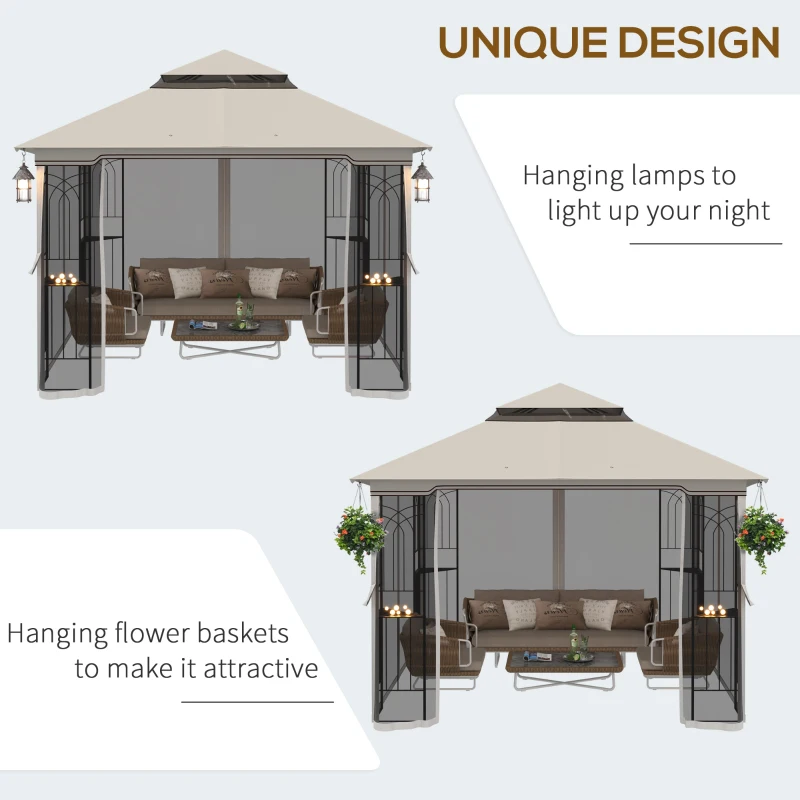 Outsunny 3 x 3m Outdoor Patio Gazebo Canopy with Double Tier Roof, Removable Mesh Curtains, Display Shelves, Top Hooks, Beige
