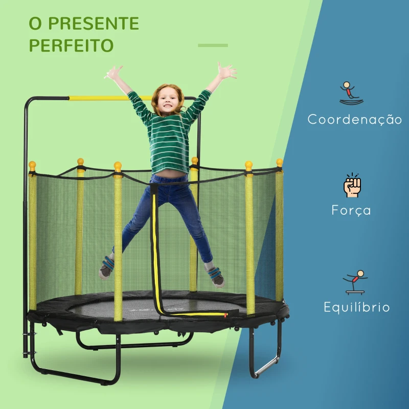 ZONEKIZ Trampolim Infantil com Rede de Segurança Barra Ajustável para Interior e Exterior Ø140x120-140 cm Preto