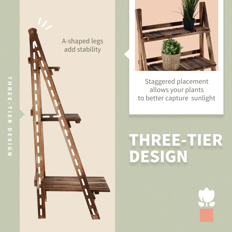 Outsunny Wooden Folding Flower Pot Stand 3 Tier Garden Planter Display Ladder Gardener Storage Shelves Rack Herb Holder (60L x 37W x 93H cm)