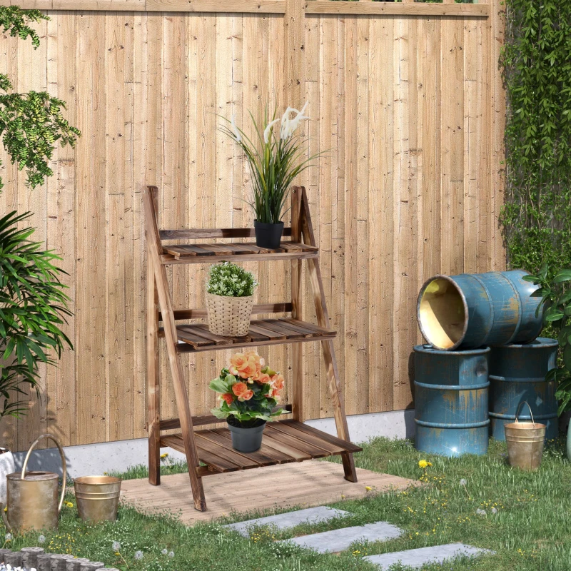 Outsunny Wooden Folding Flower Pot Stand 3 Tier Garden Planter Display Ladder Gardener Storage Shelves Rack Herb Holder (60L x 37W x 93H cm)