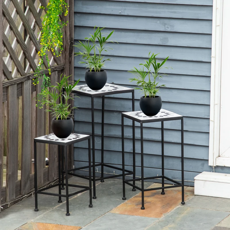 Outsunny 3-Piece Metal Plant Stand, Stackable Flower Display Rack with Ceramic Tile Surface for Garden, Balcony, Black and White