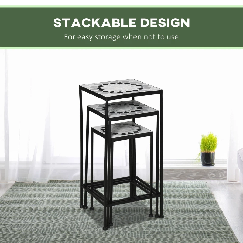 Outsunny 3-Piece Metal Plant Stand, Stackable Flower Display Rack with Ceramic Tile Surface for Garden, Balcony, Black and White