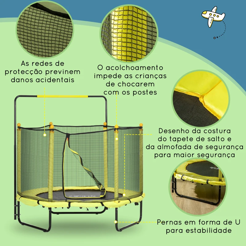 ZONEKIZ Trampolim Infantil com Rede de Segurança Barra Ajustável para Interior e Exterior Ø140x120-140 cm Amarelo