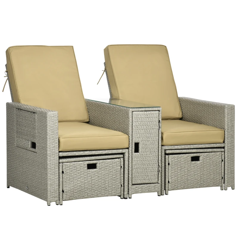 Outsunny 5PC PE Rattan Sun Lounger - Outdoor Wicker 5-Level Adjustable Recliner Sofa Bed with Storage Side Table and Footstools, for Patio, Garden, Poolside, Beige