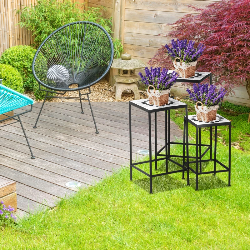 Outsunny 3-Piece Metal Plant Stand, Stackable Flower Display Rack with Ceramic Tile Surface for Garden, Balcony, Black and White