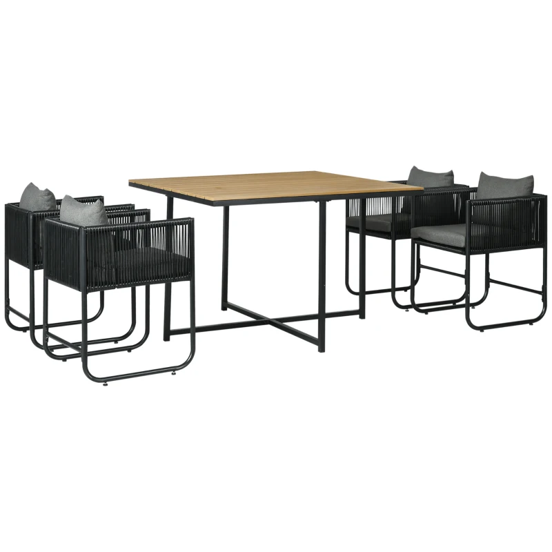 Outsunny 4 Seater Rattan Cube Garden Furniture Set, Rattan Dining Set with Cushions, Outdoor Dining Table and Chairs with Rectangular Wood Grain Plastic Top Table for Patio, Balcony, Black