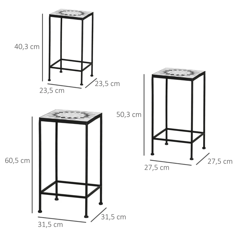 Outsunny 3-Piece Metal Plant Stand, Stackable Flower Display Rack with Ceramic Tile Surface for Garden, Balcony, Black and White