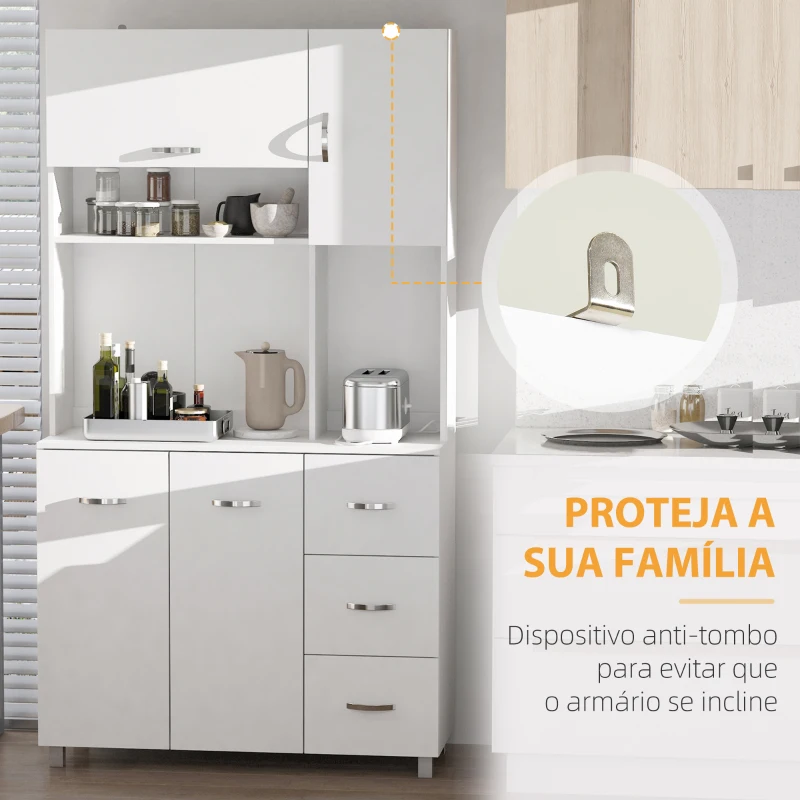 HOMCOM Armário de Cozinha Armário Alto com 3 Gavetas 4 Portas Prateleiras Interiores Ajustáveis e Pés Elevados Móvel Auxiliar para Sala de Jantar Sala de Estar 100x39,5x183,5cm Branco