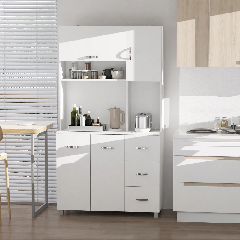HOMCOM Armário de Cozinha Armário Alto com 3 Gavetas 4 Portas Prateleiras Interiores Ajustáveis e Pés Elevados Móvel Auxiliar para Sala de Jantar Sala de Estar 100x39,5x183,5cm Branco