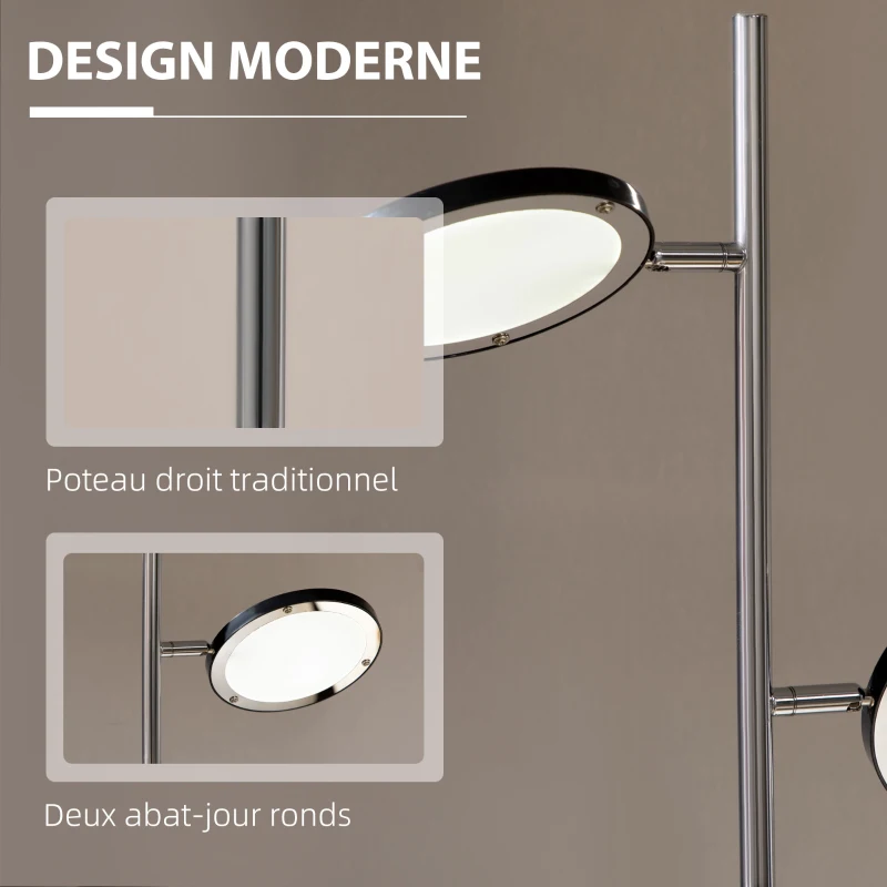 HOMCOM Lampadaire LED sur pied salon style moderne 2 abat-jours orientables en métal chromé 800 lumens hauteur 165 cm