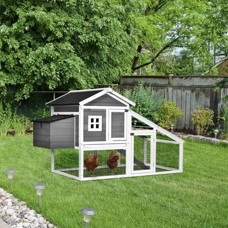 PawHut Chicken Coop with Run Backyard Wooden Hen House Poultry Coops Cages with Nesting Box Ramp Sliding Tray Outdoor Grey for 2-4 Chickens