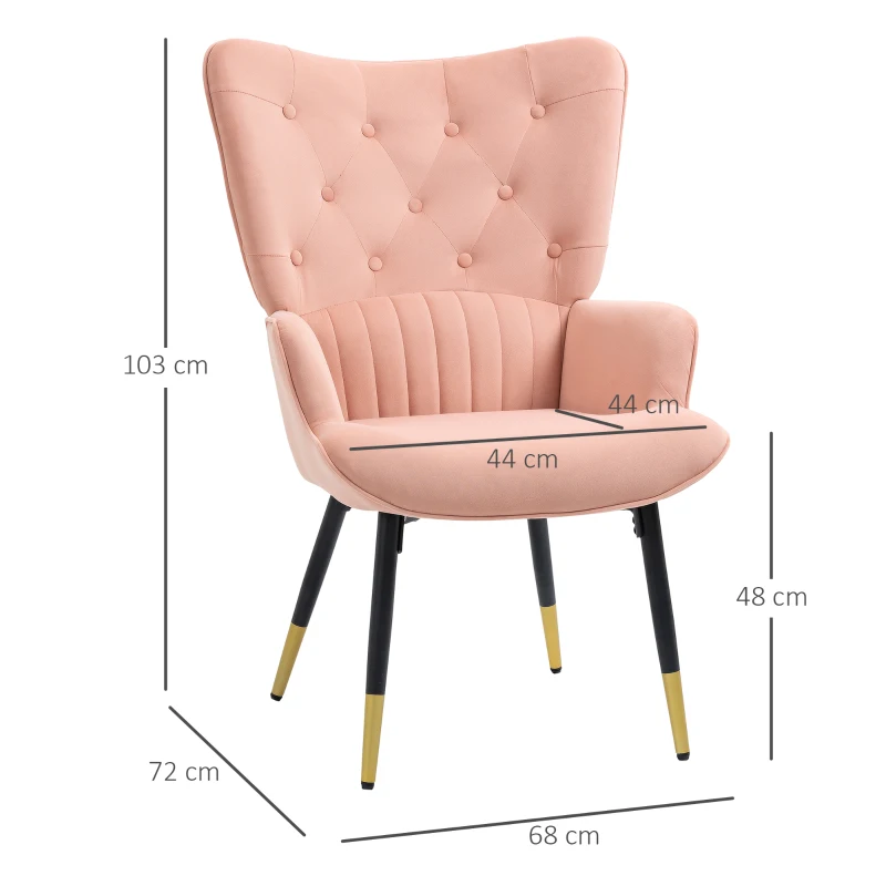HOMCOM Poltrona Individual Estofada em Veludo com Encosto Alto Apoio para os Braços e Pés de Aço Estilo Moderno 68x72x103cm Rosa