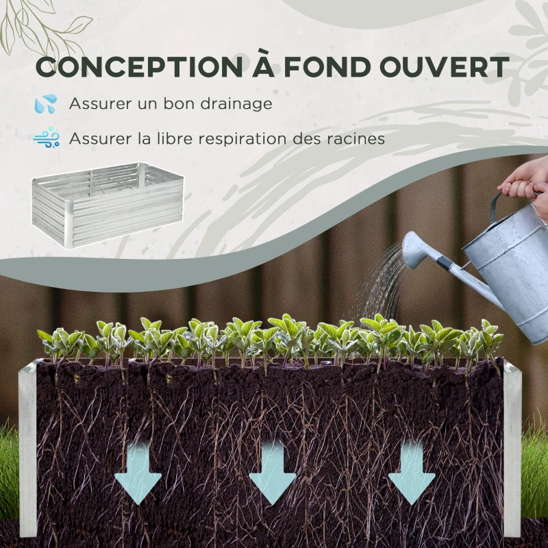 Outsunny Carré potager de jardin rectangulaire tubes de renforcement acier galvanisé 180 x 90 x 59 cm