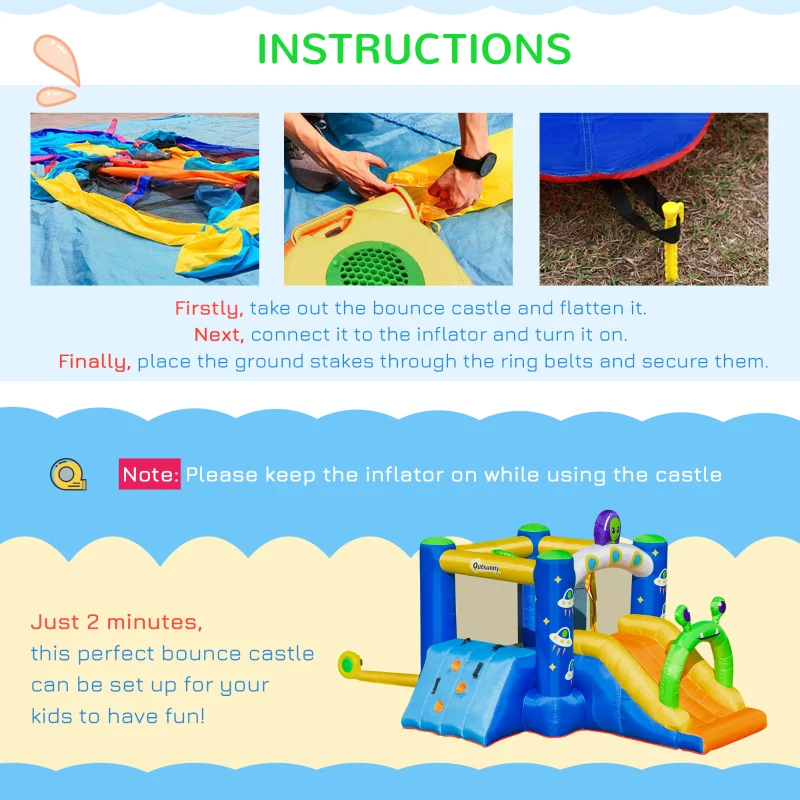 Outsunny 4 in 1 Kids Bouncy Castle Large Alien Style Inflatable House Slide Trampoline Climbing Wall Basket with Air blower Carrybag Patches for Kids Age 3-8