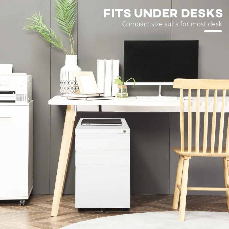 Vinsetto Mobile Vertical Filing Cabinet Lockable Steel 3-Drawer Rolling Filing Cabinet White