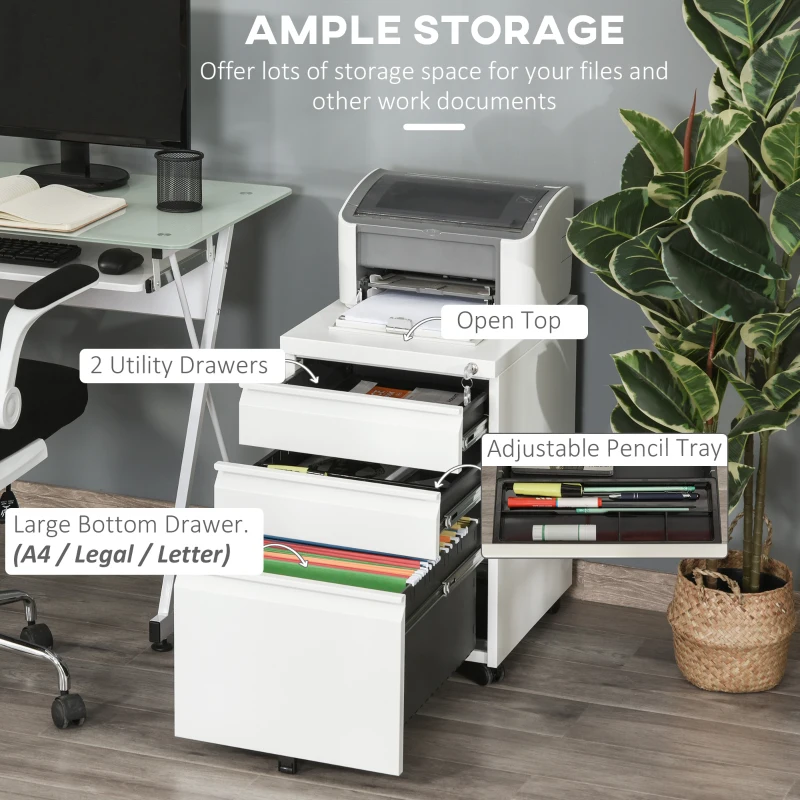 Vinsetto Mobile Vertical Filing Cabinet Lockable Steel 3-Drawer Rolling Filing Cabinet White